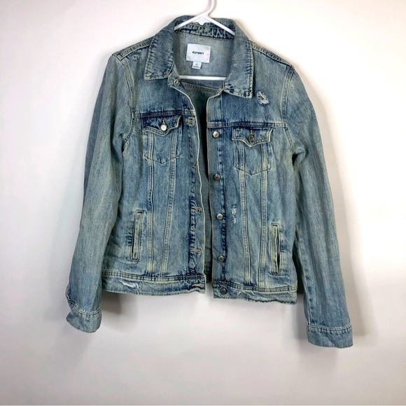 Old Navy Destructed Distressed worn Denim Jacket size large Tall - Picture 11 of 16
